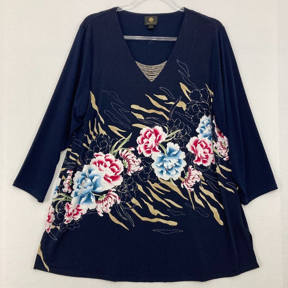 JM Collection‎ size 1X Navy Floral Feminine Chain Detail Stretch Knit V neck Top